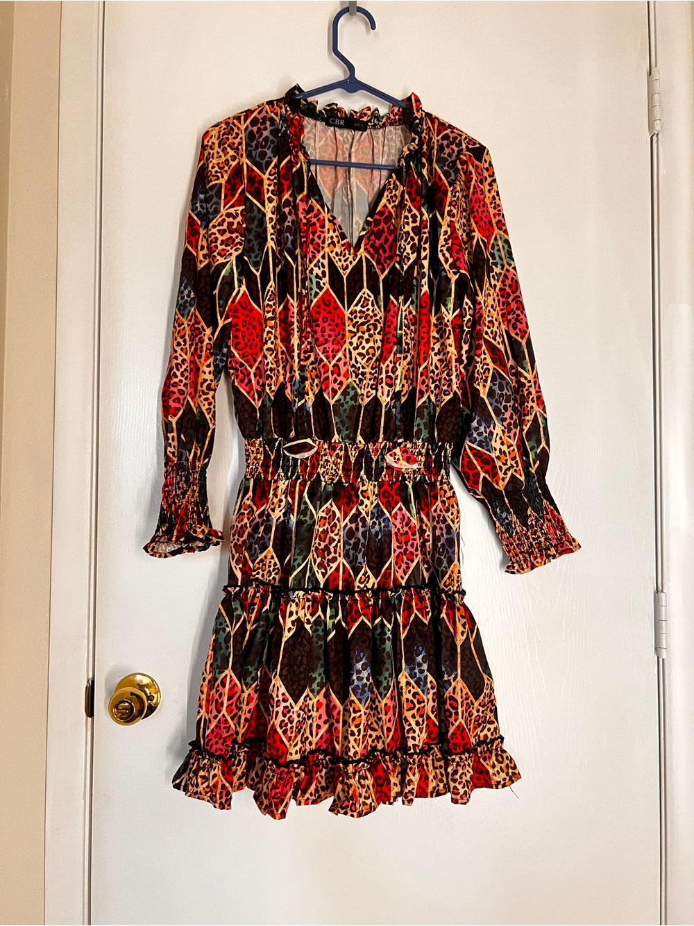 CBR Multicolor Leaf & Leopard Print Long Sleeve Ruffle Dress in XS